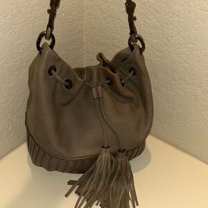 Anya Hindmarch Taupe Brown Leather Bucket Bag Tassel Fringe Purse Boho Western